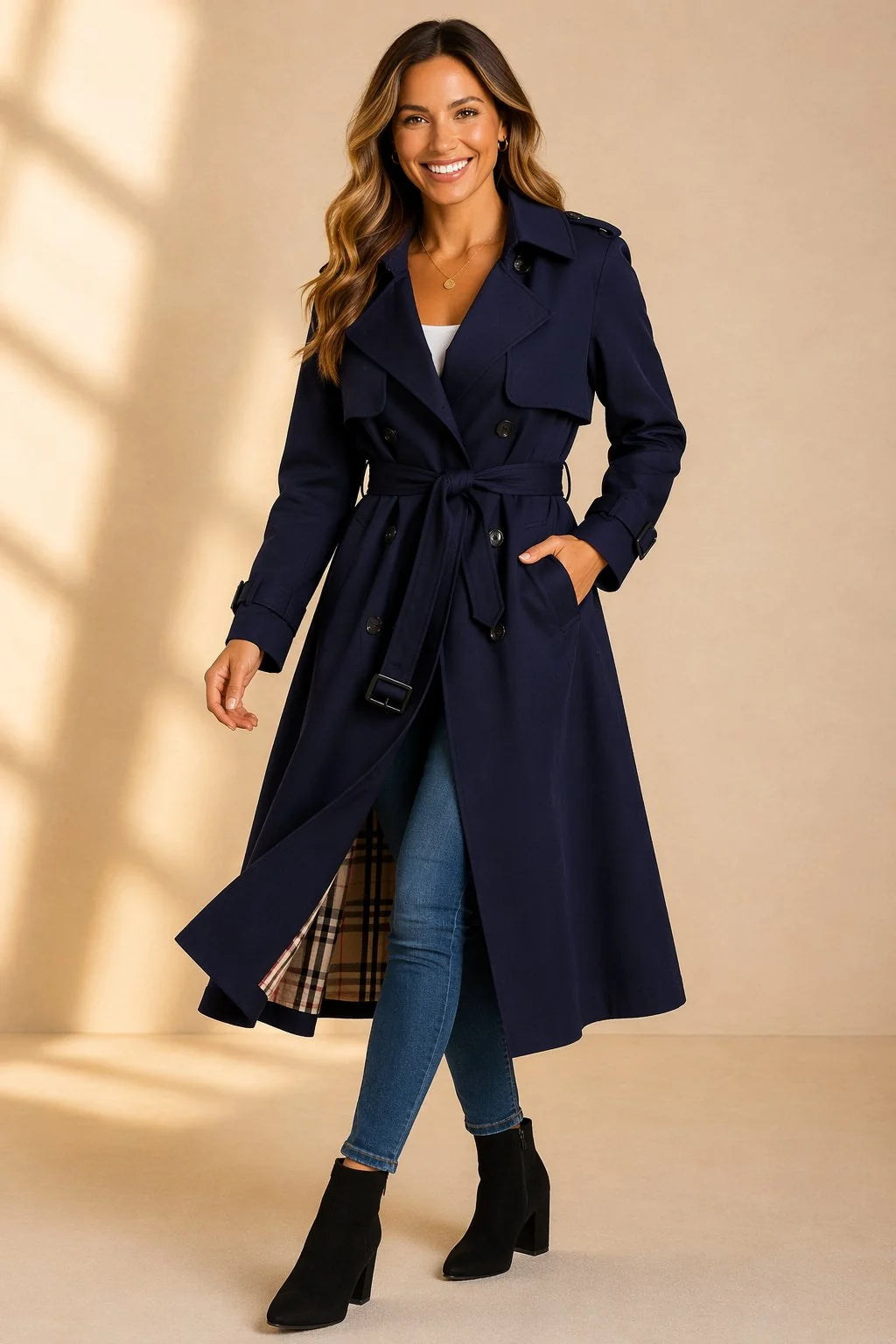 Norvella – Gabardina de manga larga con cuello de solapa