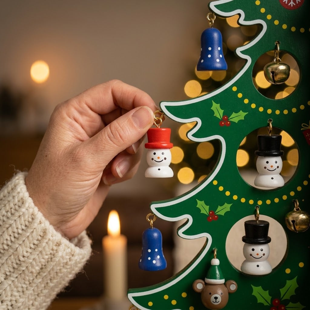 TimberTwinkle – Calendar de Advent în formă de brad de Crăciun din lemn, cu 24 de ornamente