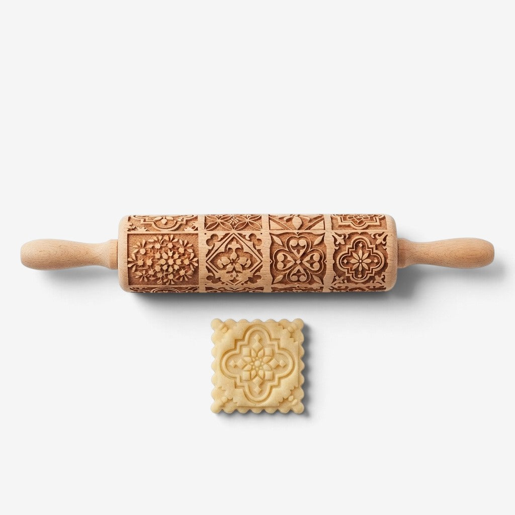 FestiveRoll - Wooden Rolling Pin With Engraved Christmas Patterns