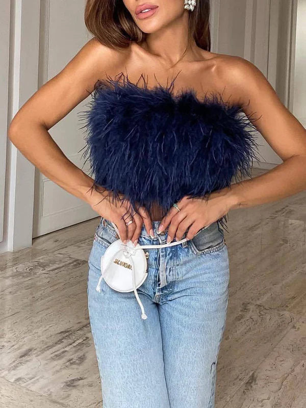 Olivia - Trendy off-shoulder feather bandeau top