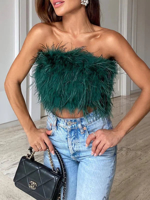 Olivia - Trendy off-shoulder feather bandeau top