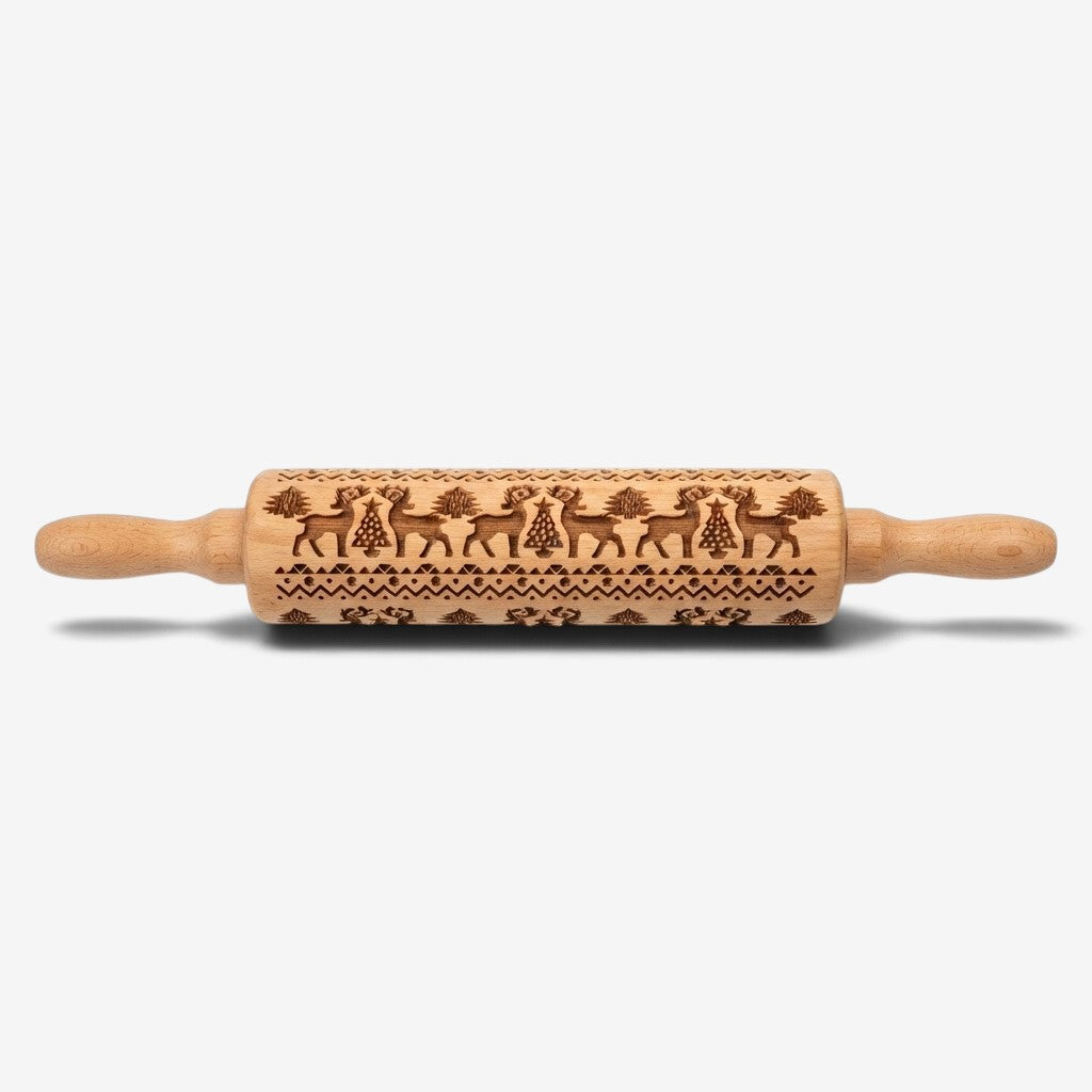 FestiveRoll - Wooden Rolling Pin With Engraved Christmas Patterns
