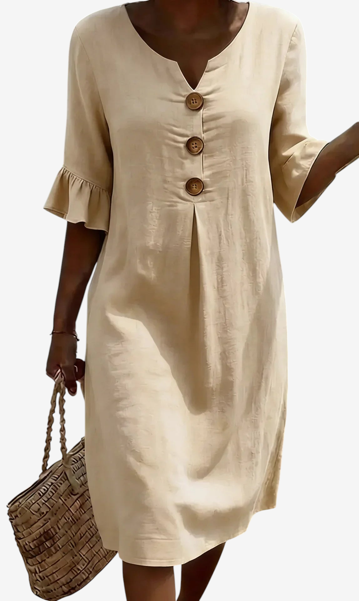 Women's Linen Dress with V-Neck and Button Details