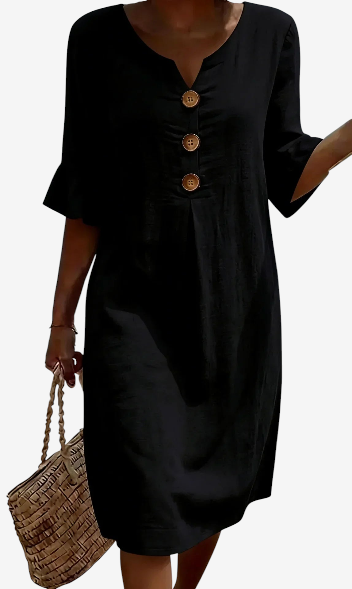 Women's Linen Dress with V-Neck and Button Details