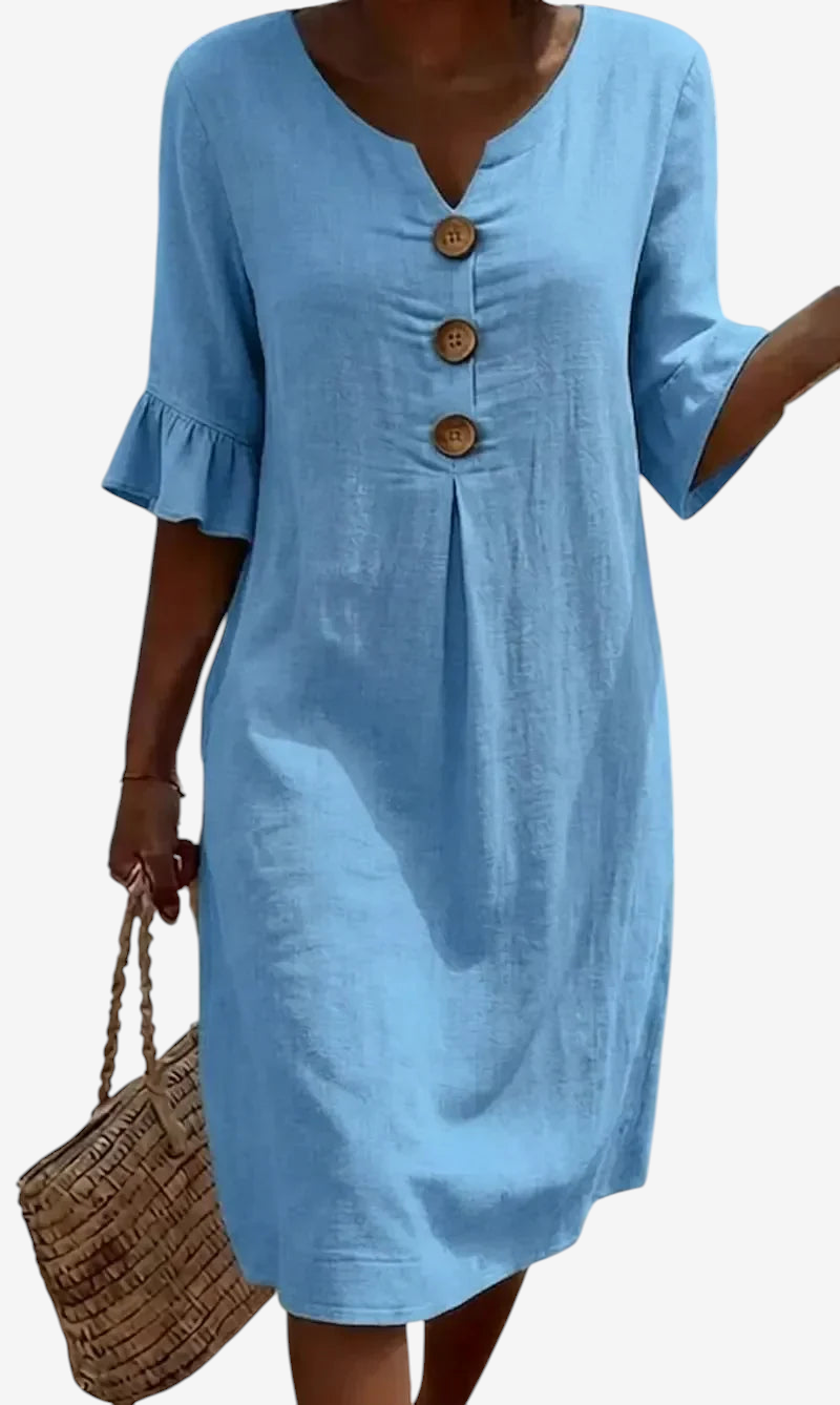 Women's Linen Dress with V-Neck and Button Details