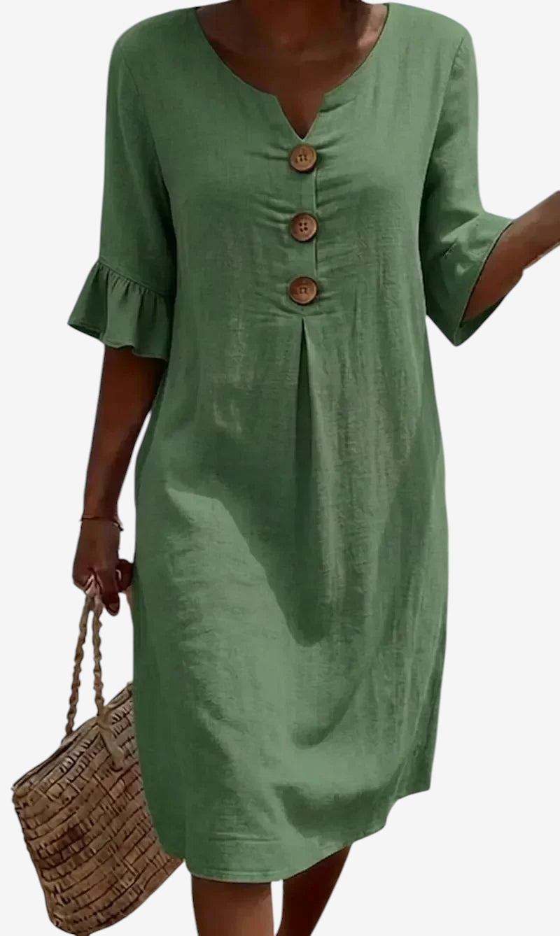 Women's Linen Dress with V-Neck and Button Details