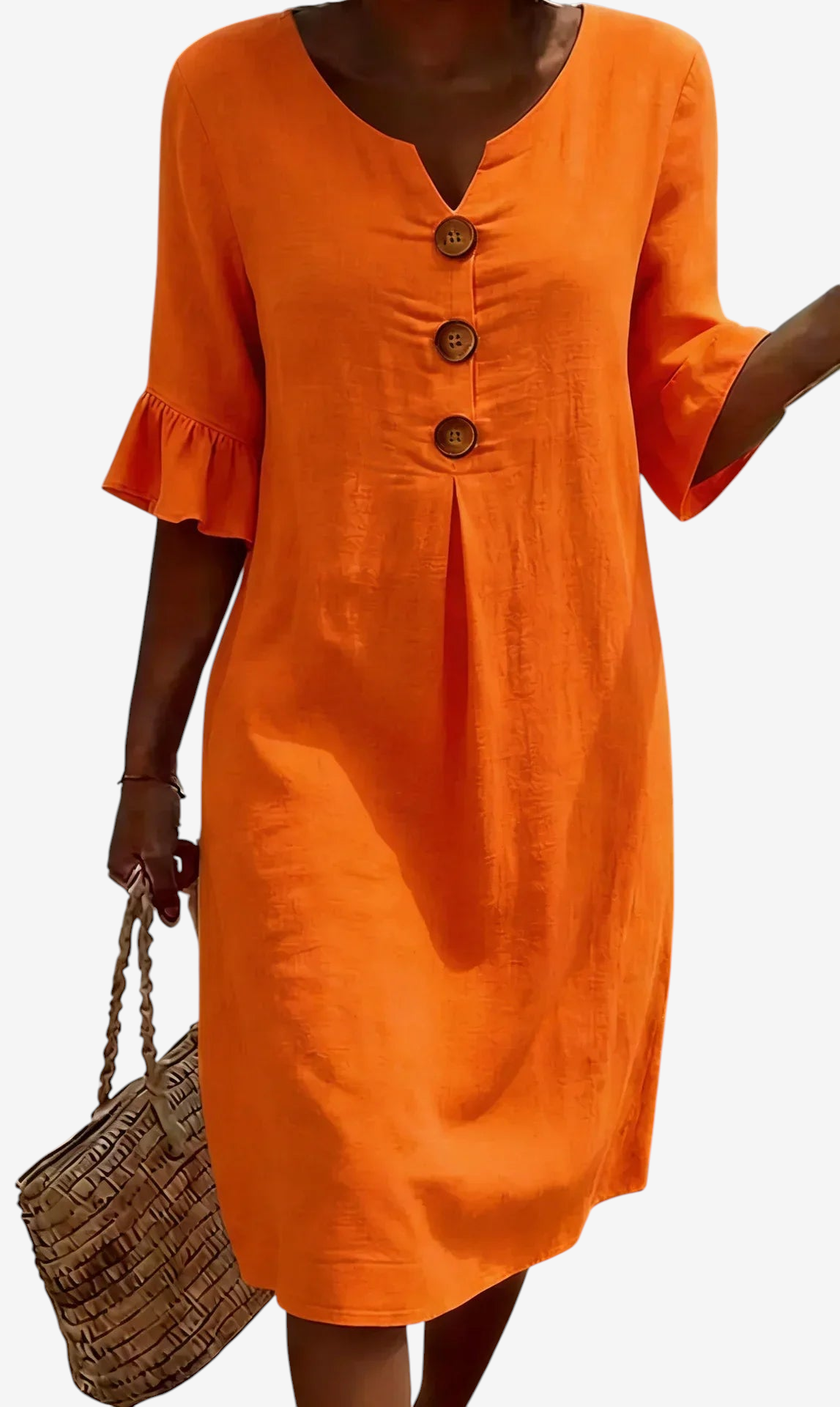 Women's Linen Dress with V-Neck and Button Details