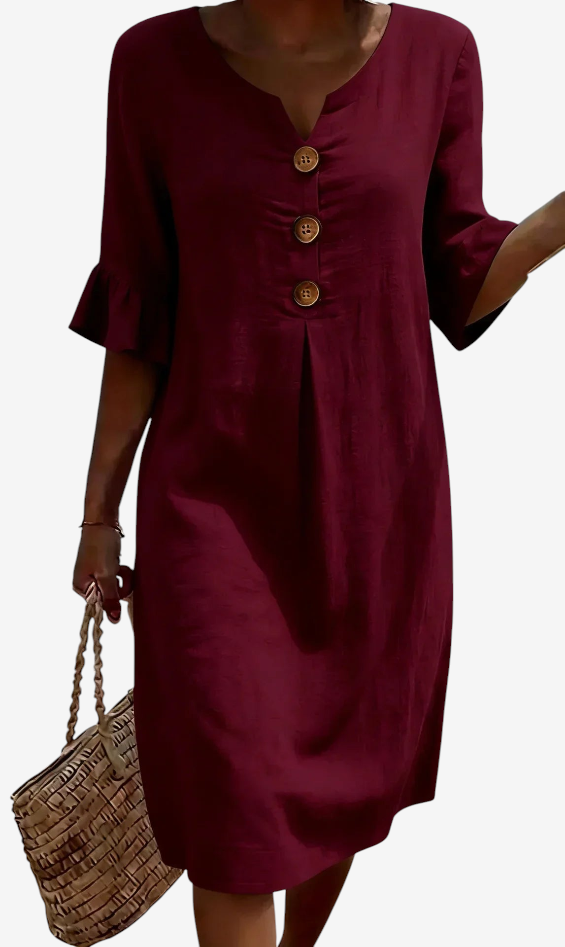 Women's Linen Dress with V-Neck and Button Details