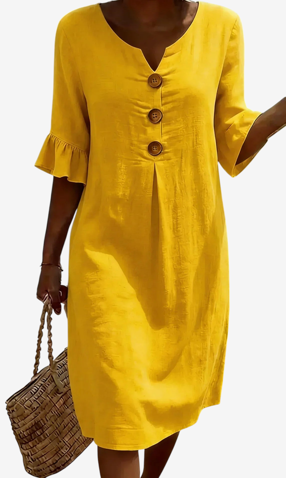 Women's Linen Dress with V-Neck and Button Details