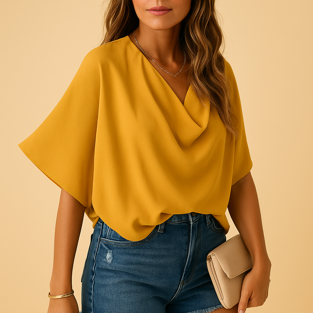 Esme – Draped blouse with batwing sleeves and deep V-neck