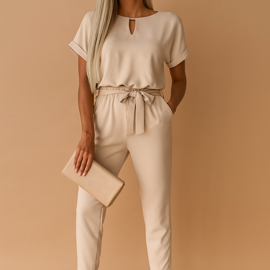 Delia - Modern jumpsuit with high waistband and short sleeves