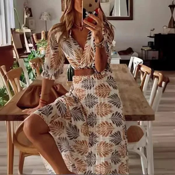 Olivia – Rochie maxi stilată cu imprimeu floral și talie cu curea
