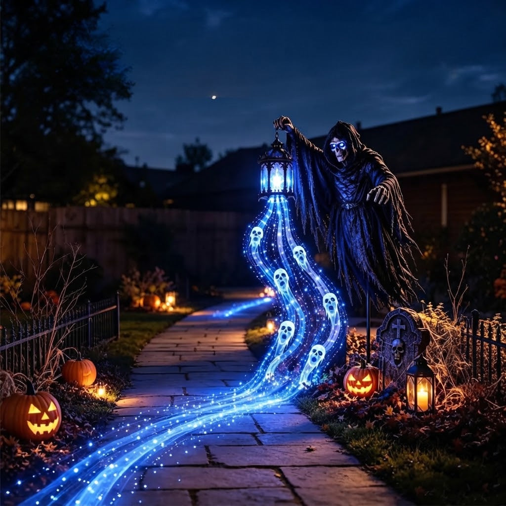 Reapora – Decorazione di Halloween con mietitore illuminato e lanterna LED