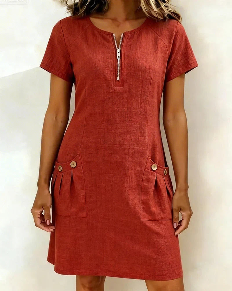 Womens A-Line Dress with Zipper and Pockets