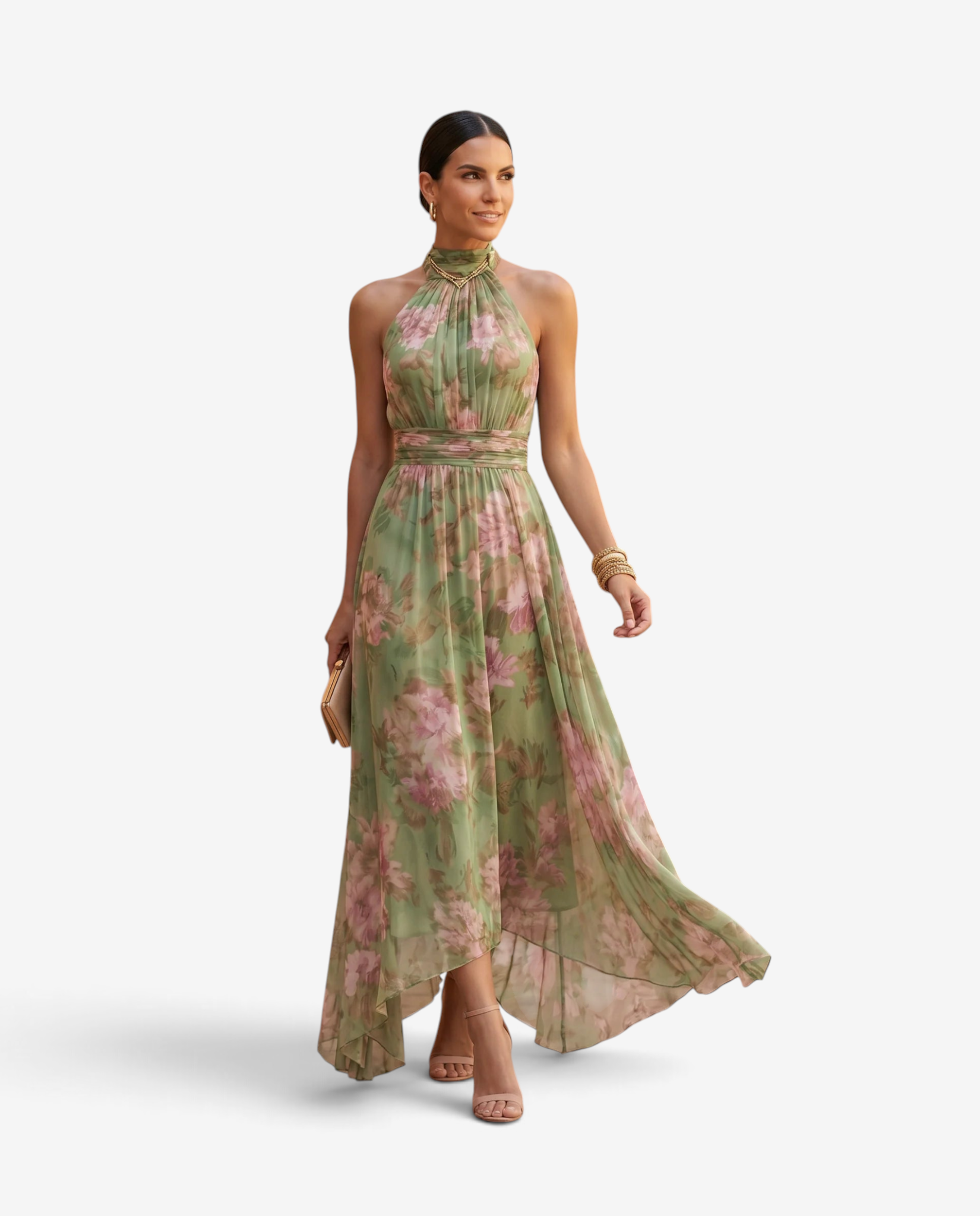 Robe longue élégante pour femme avec col en V et taille plissée