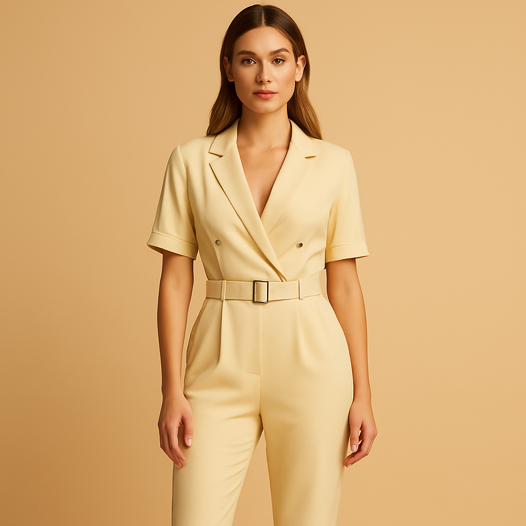 Zeyna – Combinaison moderne à col en V avec ceinture et jambes évasées