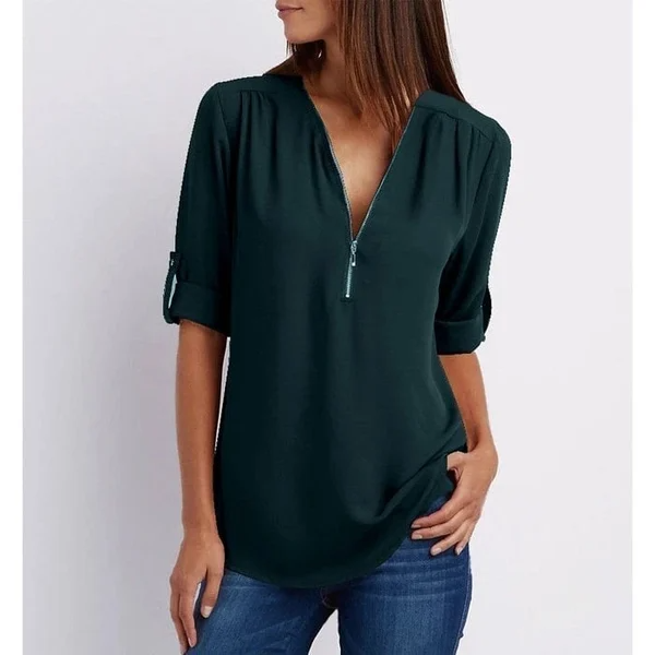 Siena – Bluza lejeră cu fermoar frontal și decolteu adânc în V