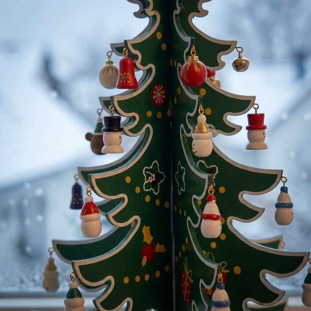 TimberTwinkle – Calendar de Advent în formă de brad de Crăciun din lemn, cu 24 de ornamente