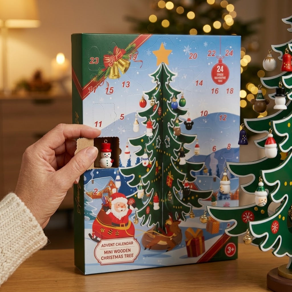 TimberTwinkle – Calendar de Advent în formă de brad de Crăciun din lemn, cu 24 de ornamente