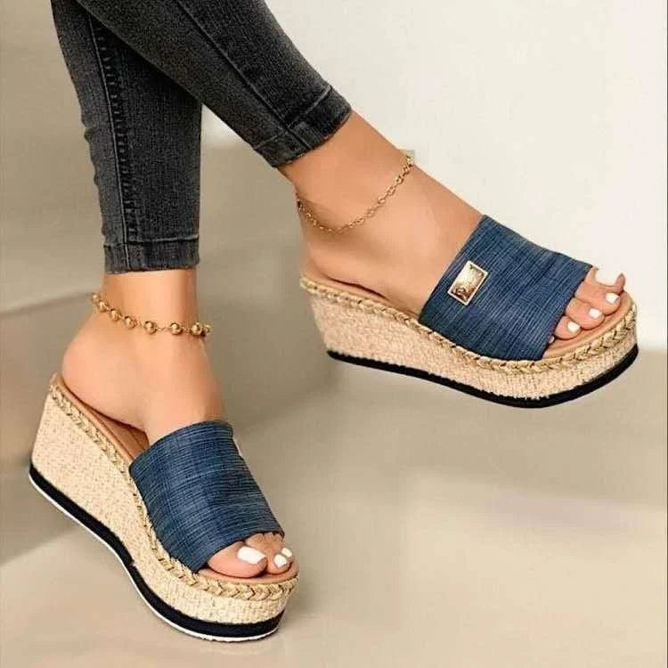 Marivelle - Raffia Wedge Mules with Wide Strap