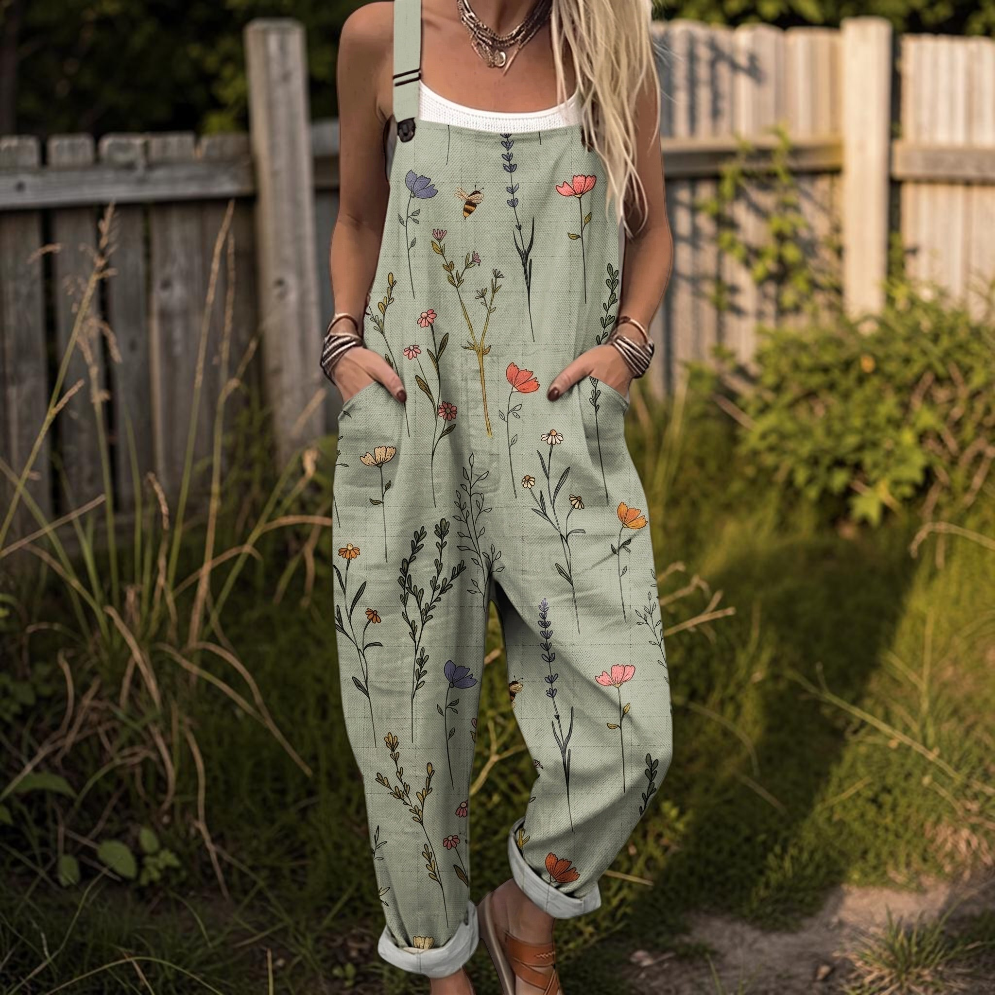 Salopette-pantalon fleurie pour femme avec poches