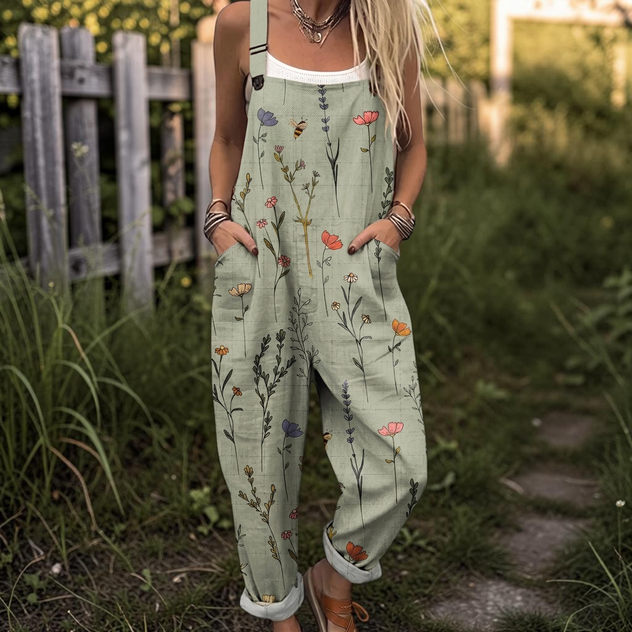 Salopette-pantalon fleurie pour femme avec poches