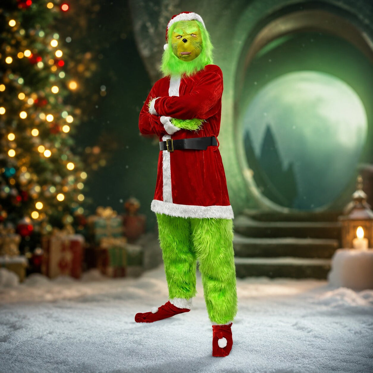 HollyGrinch - Disfraz de Grinch con máscara y atuendo navideño