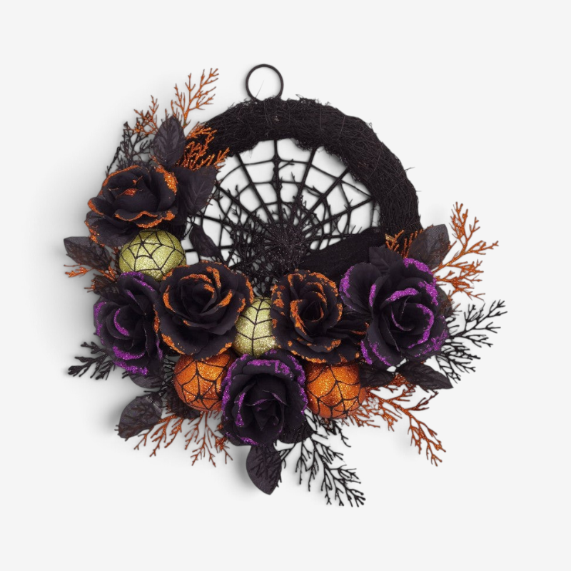 Halloweenský věnec s designem pavučiny a černými růžemi