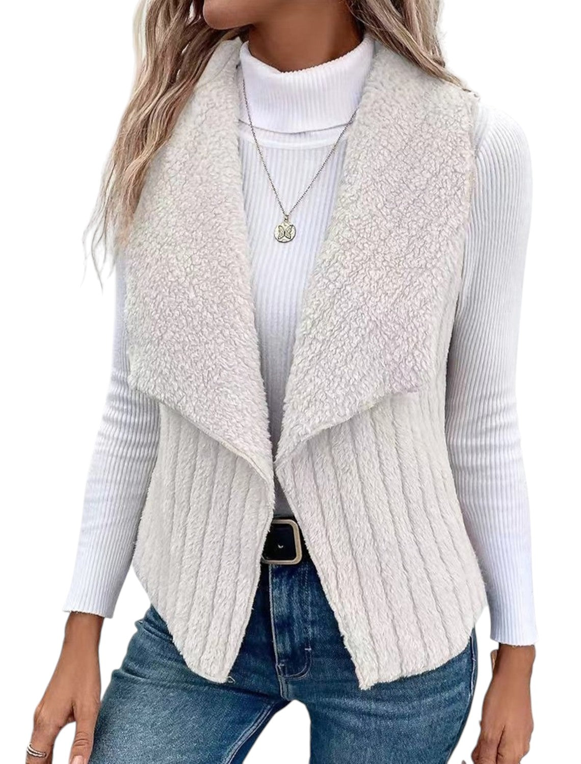 Mira – Stylish sleeveless teddy vest with draped collar and ribbed look