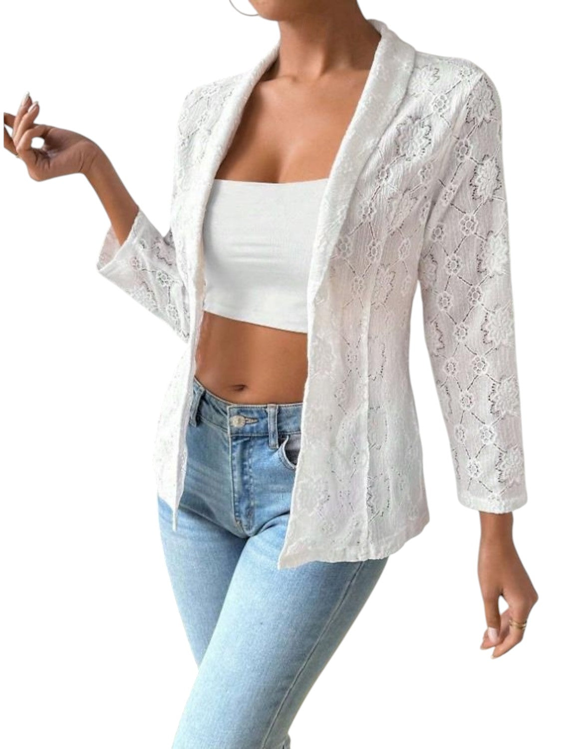 Natalie - Blazer elegant cu față deschisă din dantelă cu model floral și mâneci trei sferturi