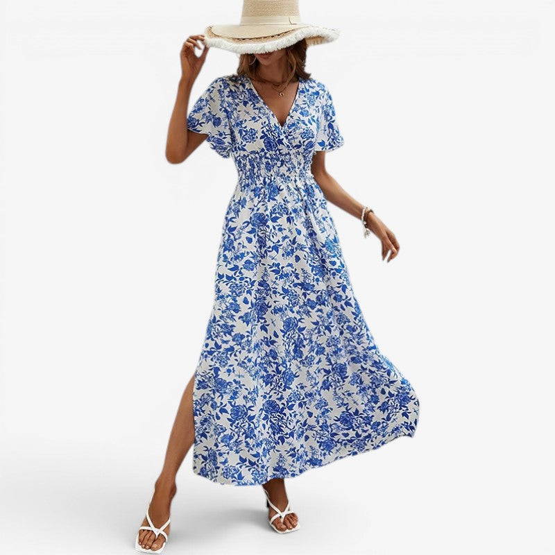 Robe longue femme à col en V avec motif imprimé
