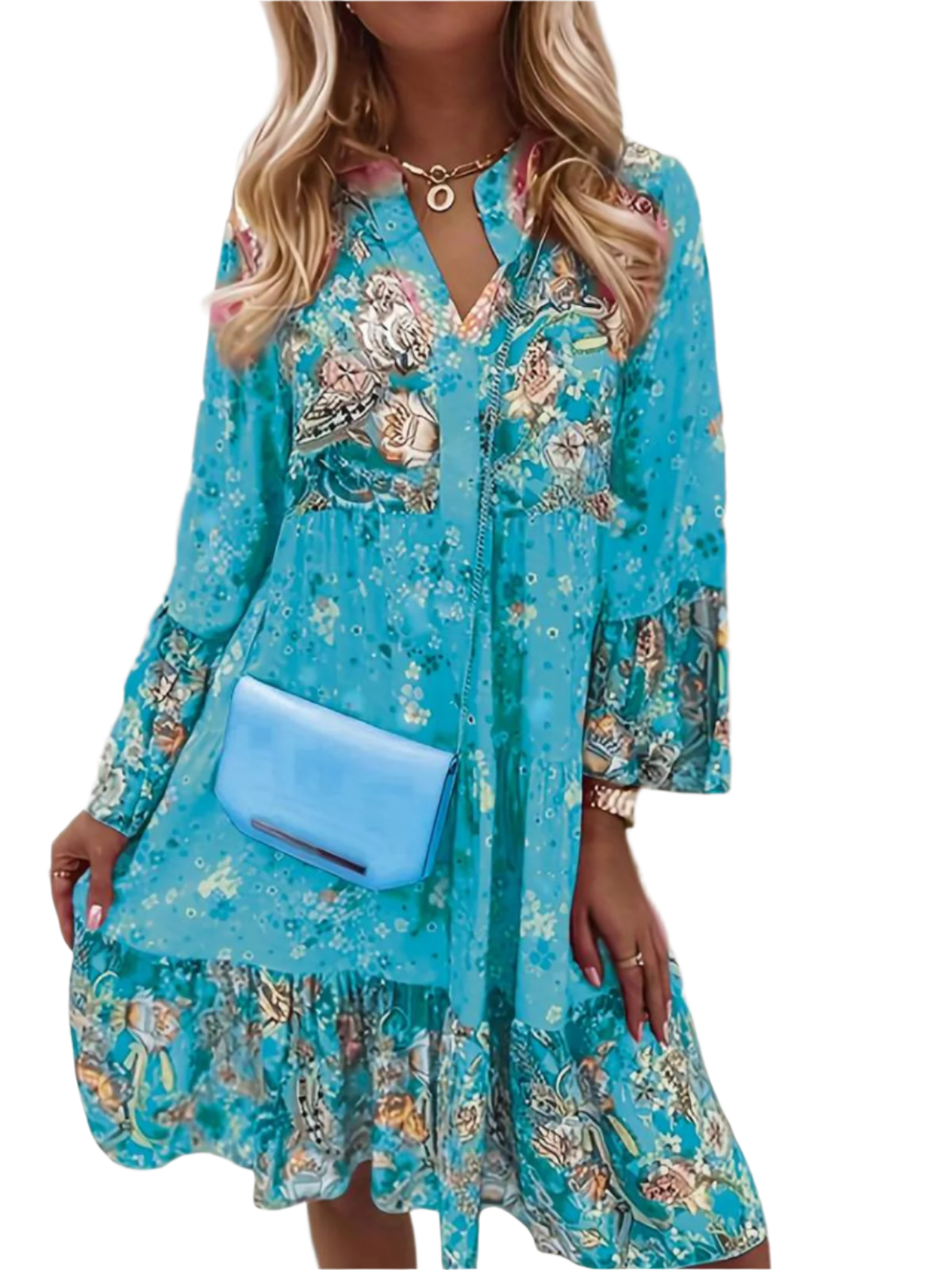Grace - Elegant printed dress with deep V-neck and pleated long sleeves