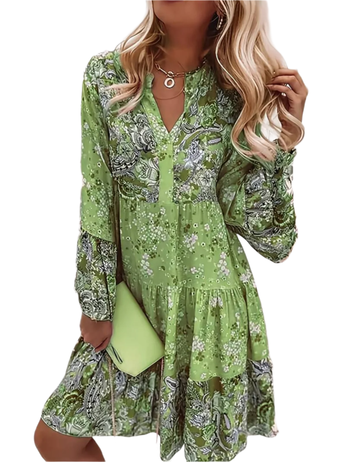 Grace - Elegant printed dress with deep V-neck and pleated long sleeves