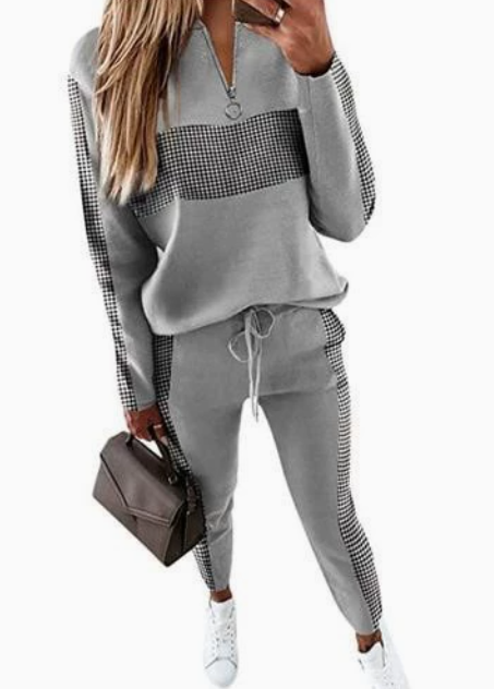 Chloe - Set stilat de hanorac în carouri și pantaloni jogger cu fermoar la gât