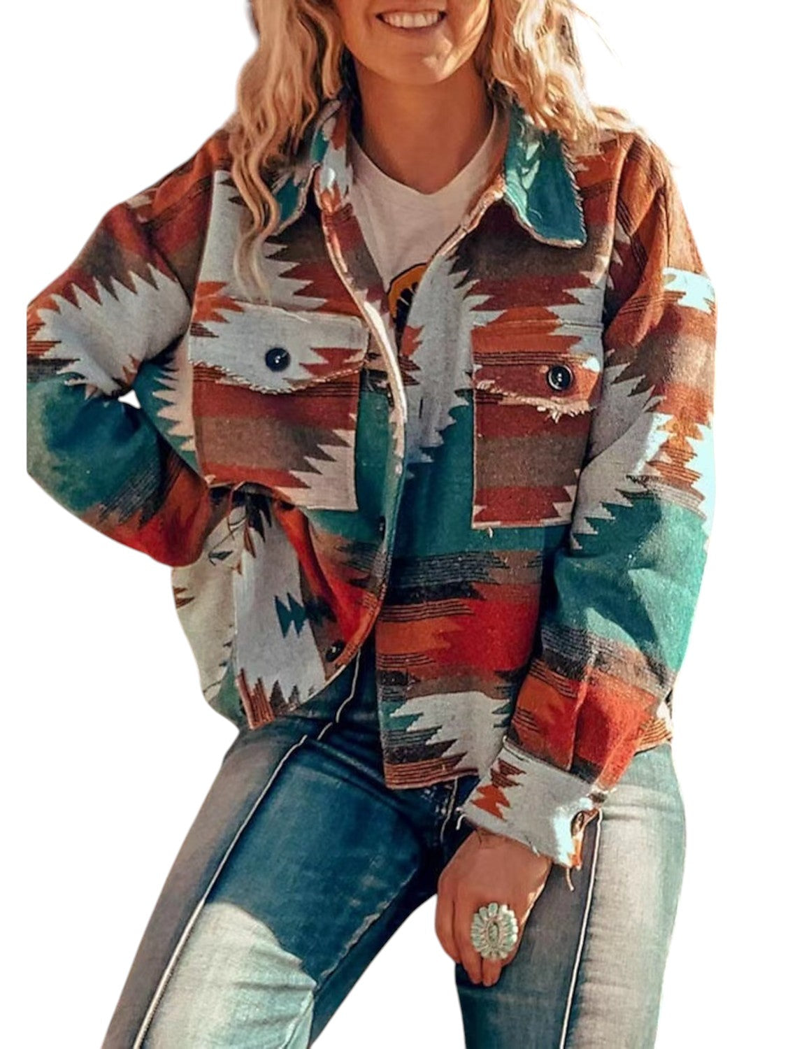 Rachel – Veste oversize à boutons, motif géométrique et poches poitrine