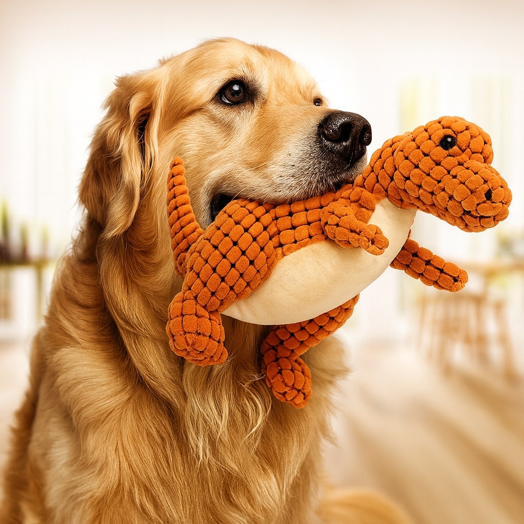 DinoPaws – Giocattolo per cani a forma di dinosauro in peluche con superficie testurizzata per il gioco interattivo
