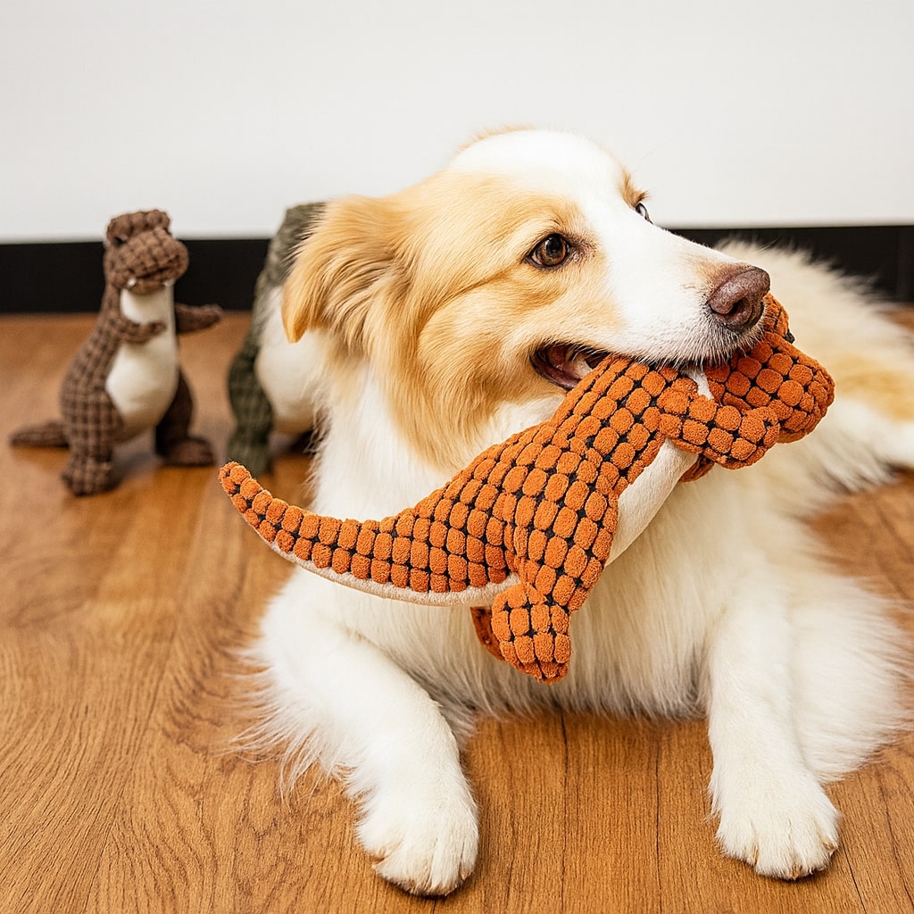 DinoPaws – Giocattolo per cani a forma di dinosauro in peluche con superficie testurizzata per il gioco interattivo