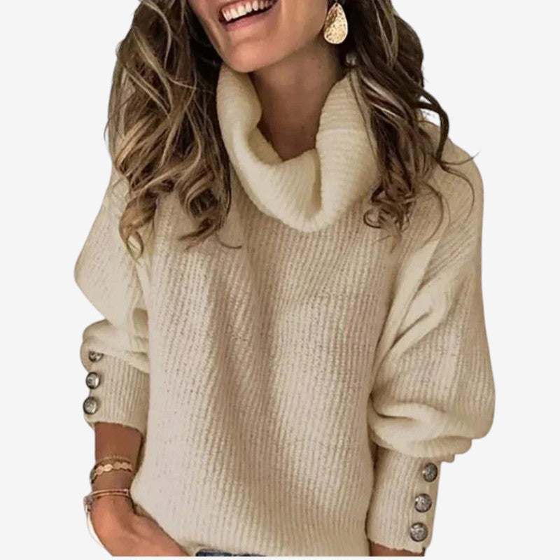 ButtonKnit - Damski sweter z golfem i ozdobnymi guzikami na rękawach