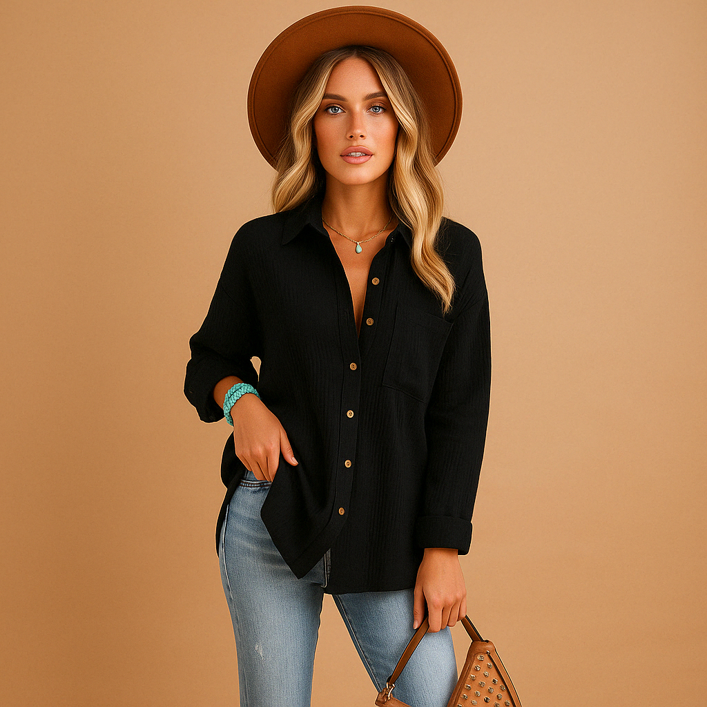 Aviana – Casual shirt with long sleeves, button closure, and chest pocket detail