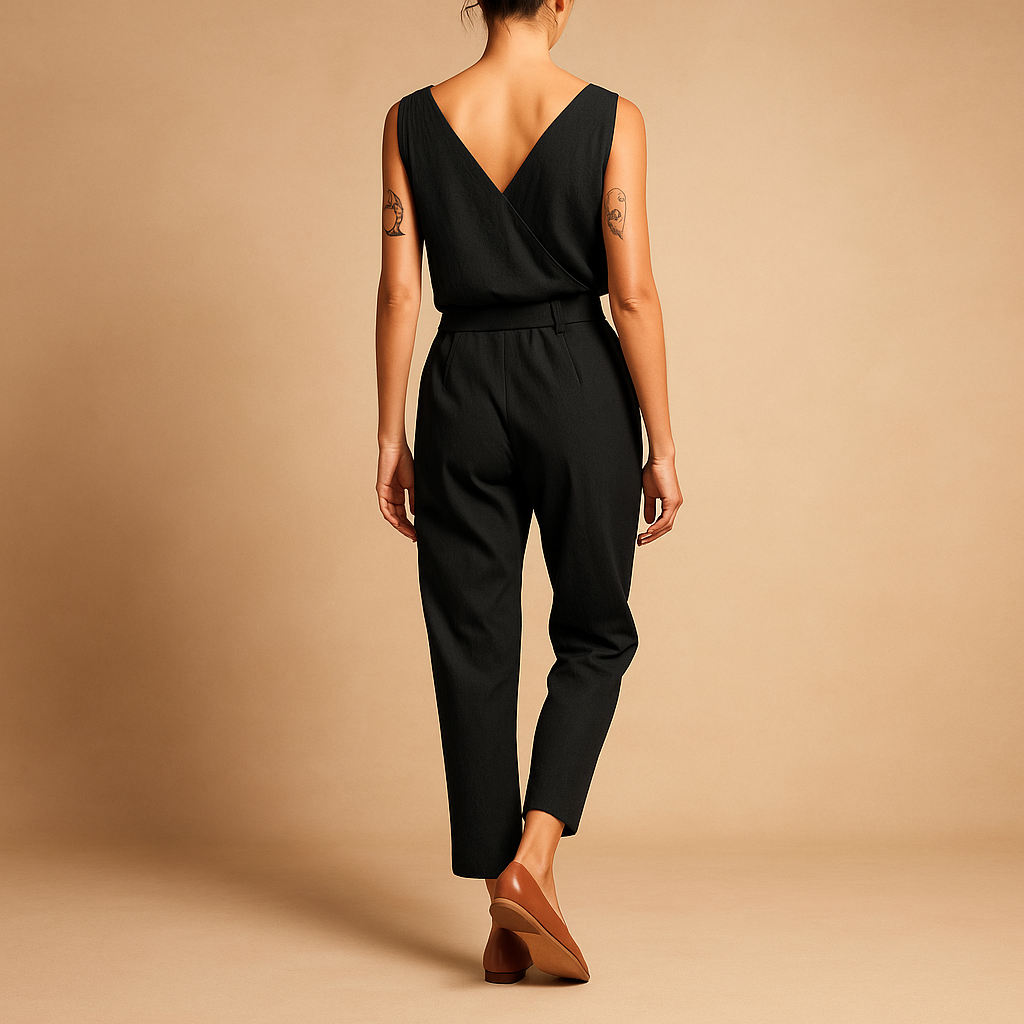 Juna – Combinaison sans manches tendance avec profond col en V et ceinture à la taille