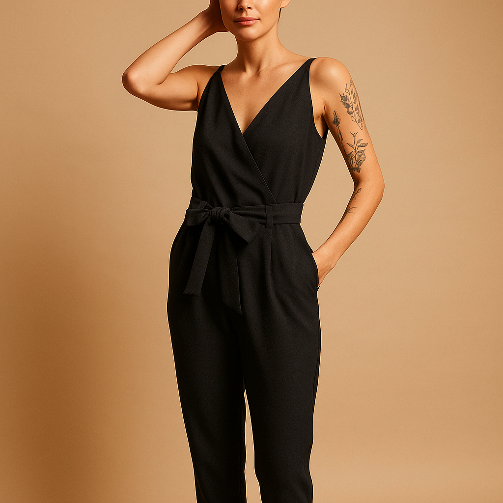 Juna – Combinaison sans manches tendance avec profond col en V et ceinture à la taille