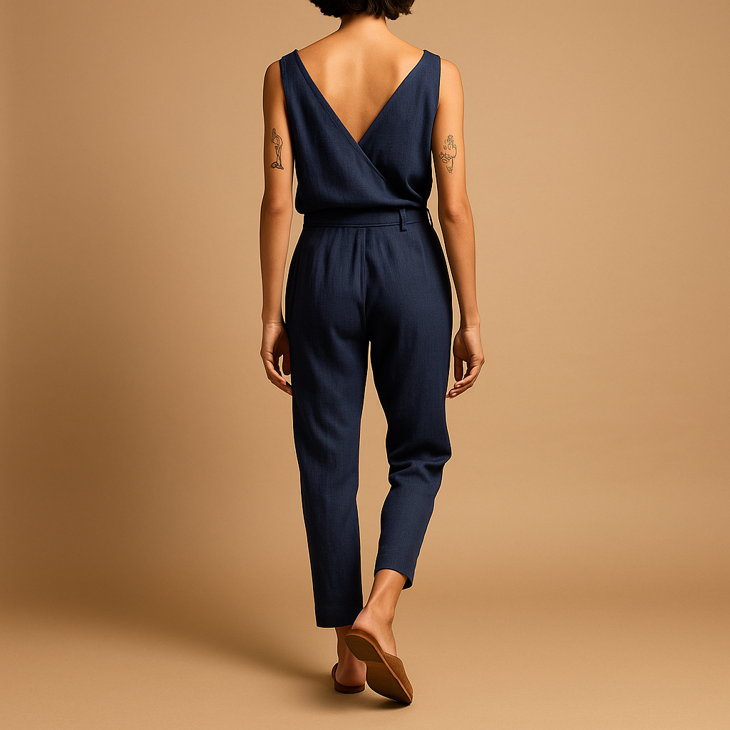 Juna – Combinaison sans manches tendance avec profond col en V et ceinture à la taille