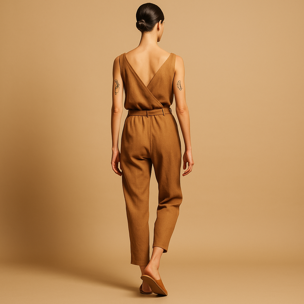 Juna – Combinaison sans manches tendance avec profond col en V et ceinture à la taille