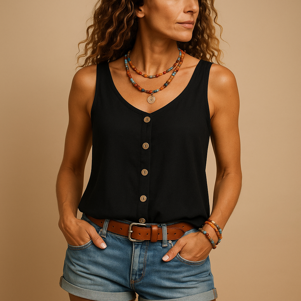 Natasha - Top alla moda con scollo a V profondo e chiusura frontale con bottoni