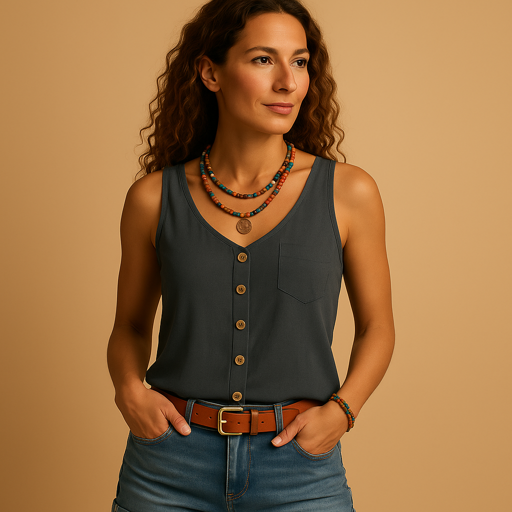 Natasha - Top alla moda con scollo a V profondo e chiusura frontale con bottoni