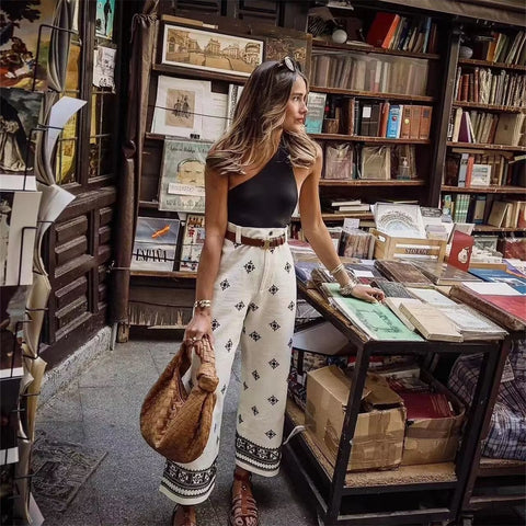 Maria - Pantalon palazzo à jambes larges taille haute avec motifs élégants