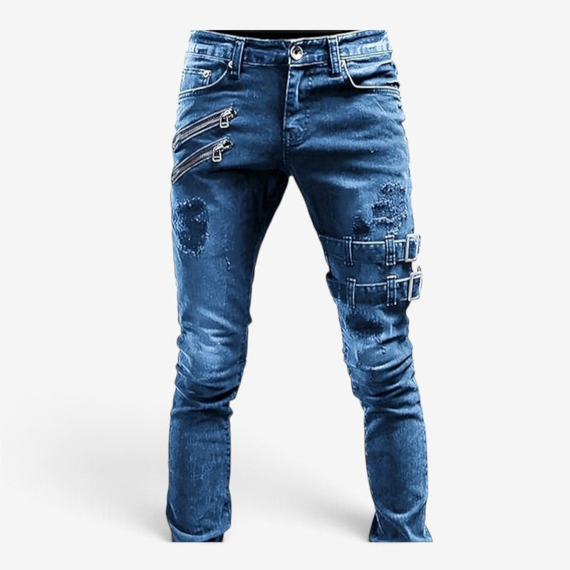 Denimly - Skinny Distressed Jeans with Zipper and Buckle Details