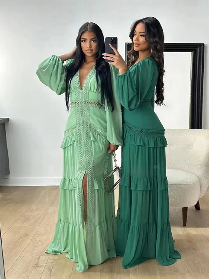 Isla - Rochie maxi stilată cu decolteu adânc în V și mâneci lungi