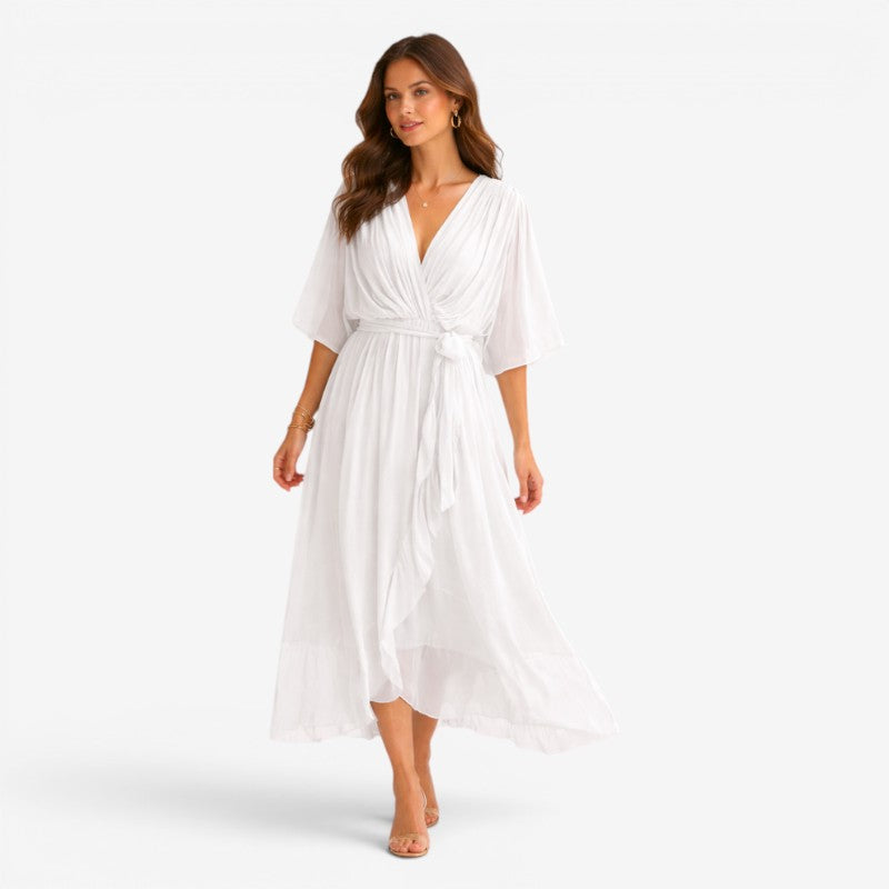 Women’s Midi Dress with V-Neck and Batwing Sleeve Design