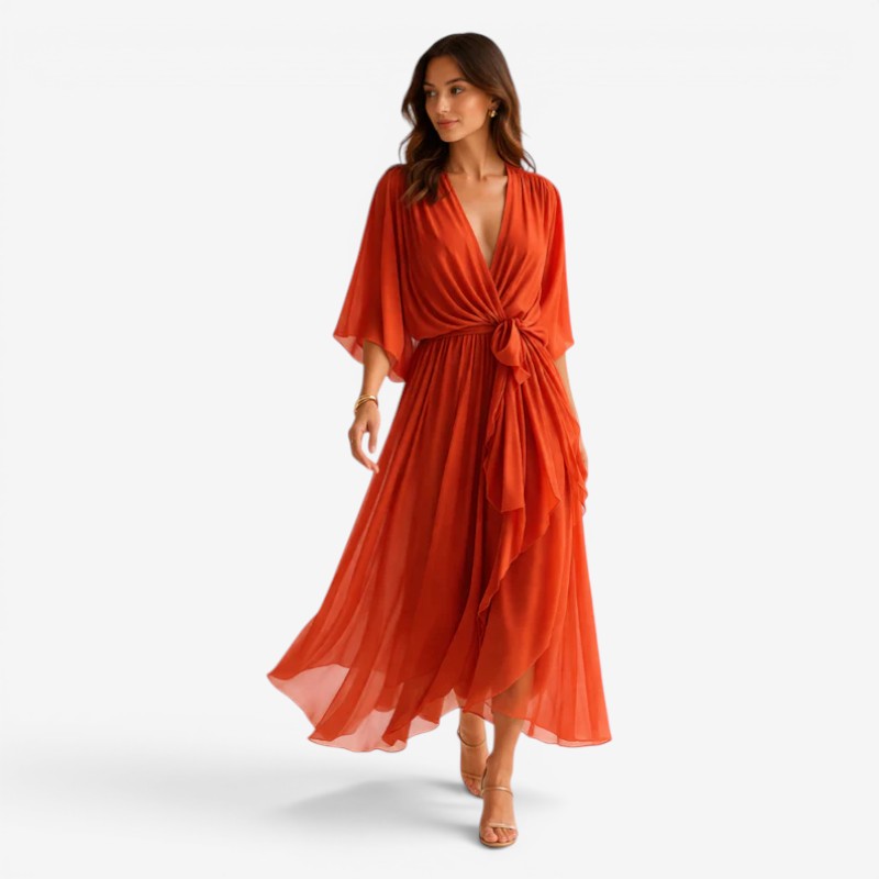 Women’s Midi Dress with V-Neck and Batwing Sleeve Design